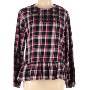 BeachLunchLounge Red Black White Plaid Floral Embroidered Holiday Blouse L Top